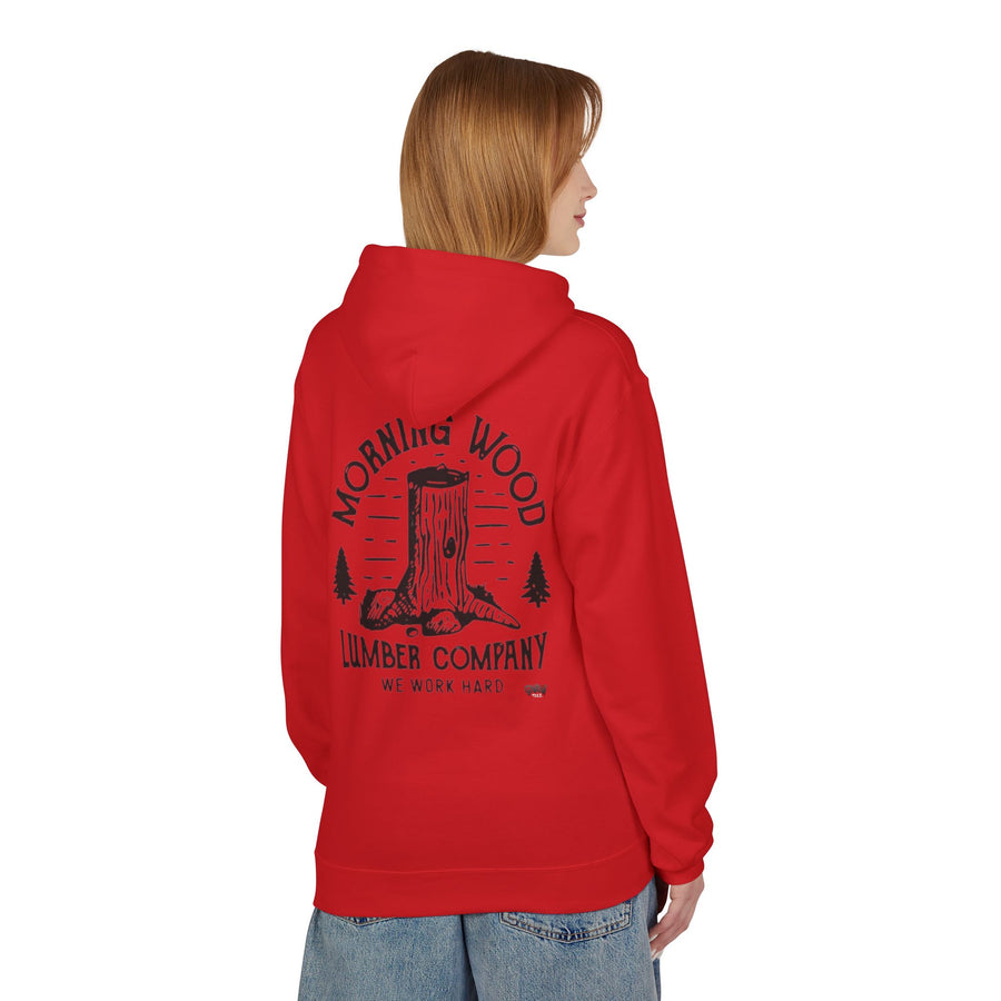 MORNING WOOD LUMBER COMPANY WE WORK HARD Softstyle Fleece Hoodie